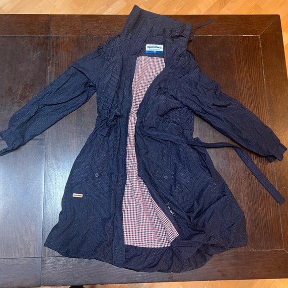 Vintage—Belted Blue Trench Jacket Textured Long High Collar Coat Plaid Lined—M - Picture 5 of 5